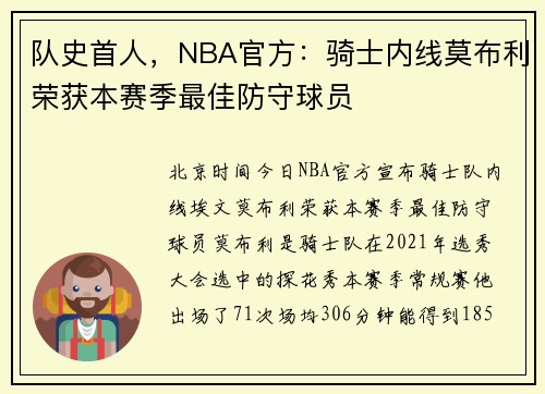 队史首人，NBA官方：骑士内线莫布利荣获本赛季最佳防守球员